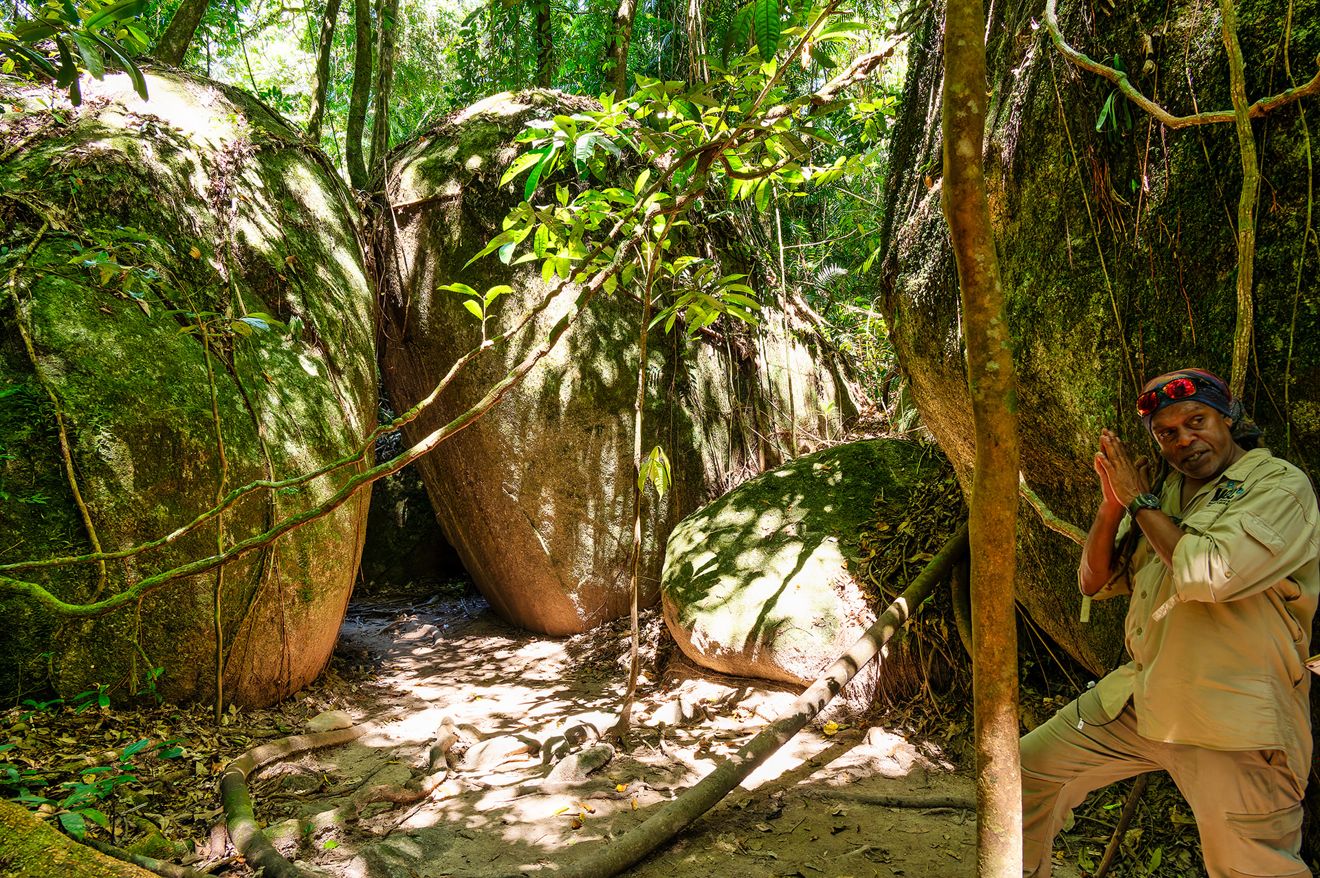儀式などに使われる岩と岩の間のスペース。神聖な儀式の場として森のなかの植物や岩などを崇めているのが伝わってくる