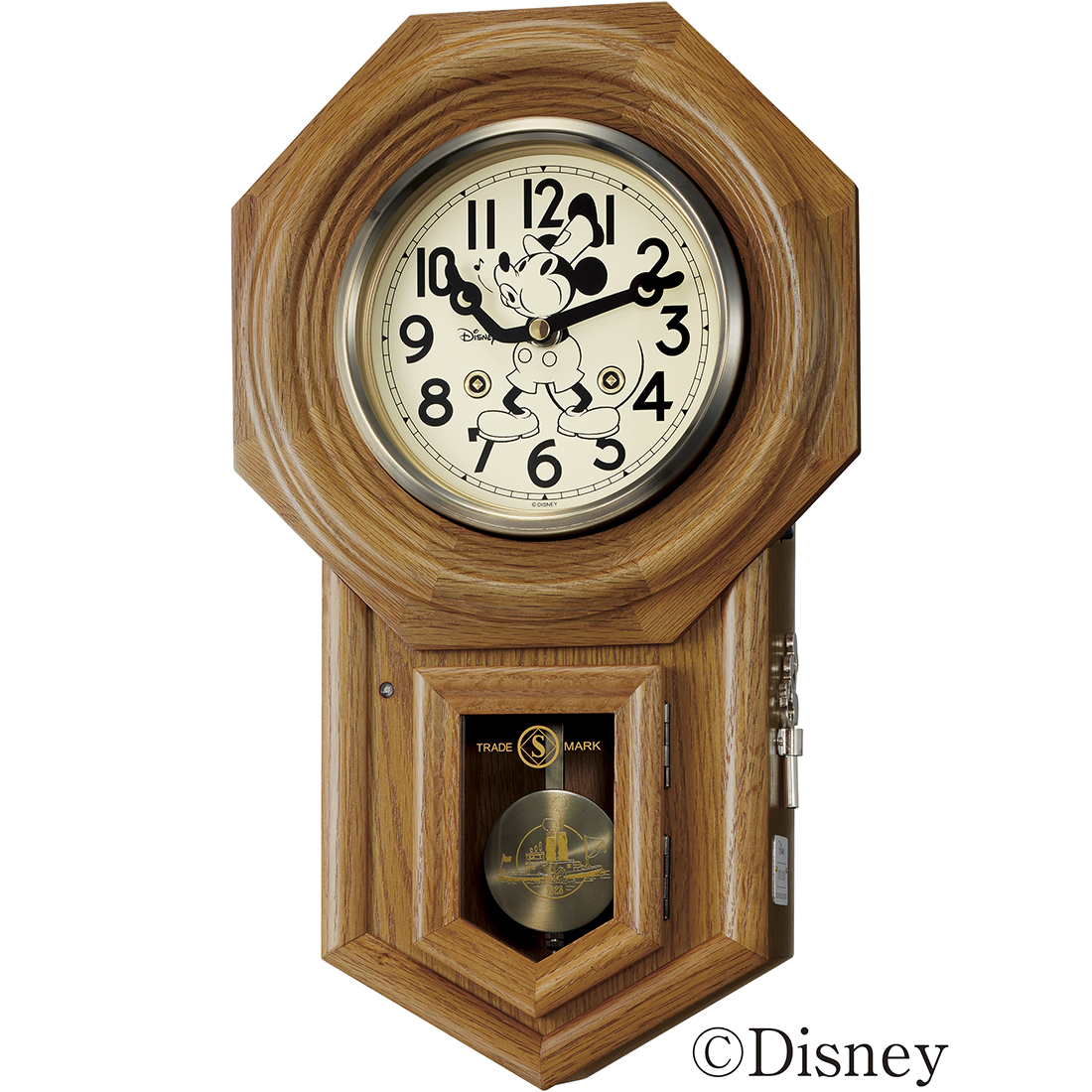 セイコー クロックオンラインストア限定200台の「FS806B」。薄茶木地のフレームに口笛を吹くミッキーマウスを描く