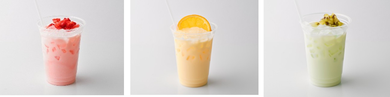 左から「しっぽずのカルピスラッシー」（900円）、「とかげ＆とんかつ＆ぺんぎん？のカルピスラッシー」（900円）、「ねこ＆しろくまのカルピスラッシー」（900円）