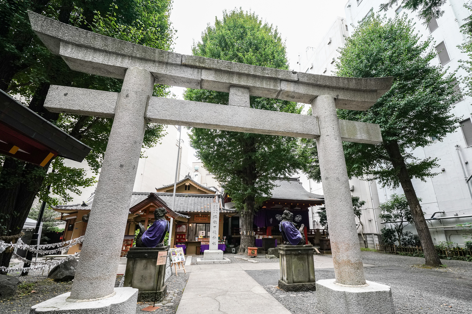 ビルに囲まれて「日本橋日枝神社」がある。運気が上がるよう作られた上向き狛犬