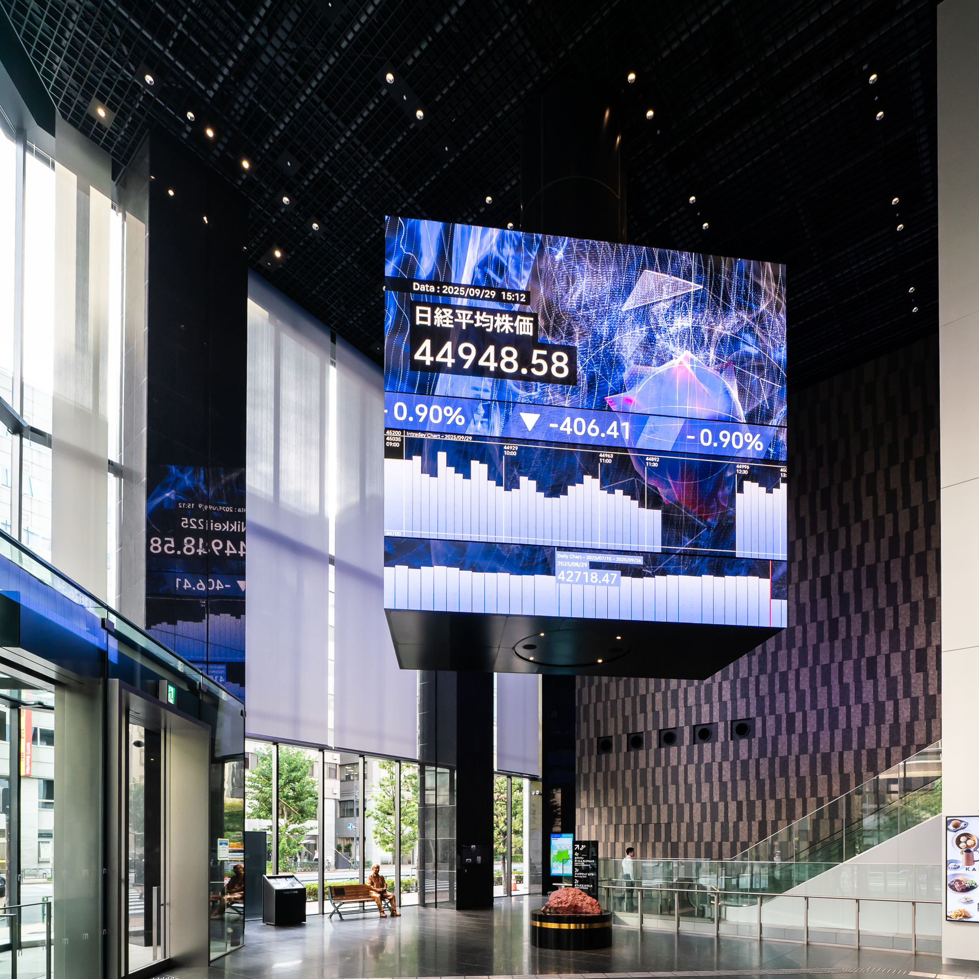 「KABUTO ONE」のアトリウムにある世界最大のキューブ型ディスプレイ「The HEART」。株価情報が常時表示されている