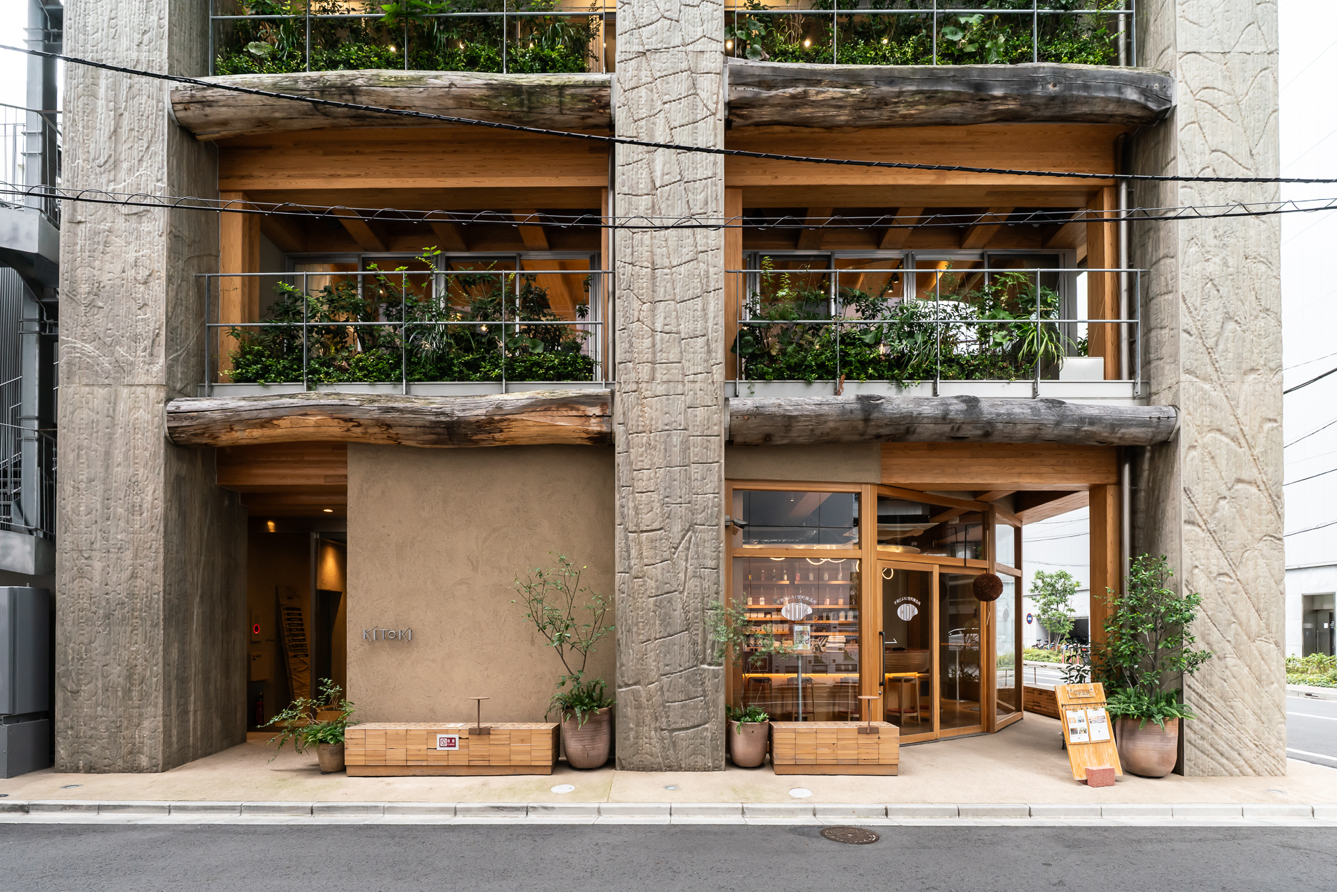 鉄筋コンクリート造の柱には昆虫の羽根模様が転写されている。木造ハイブリッド構造がよく分かる