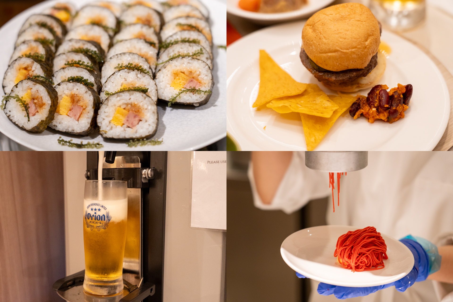 ポーク玉子の巻き寿司にビーフハンバーグ、季節のモンブランまで。オリオンビールはもちろん飲み放題