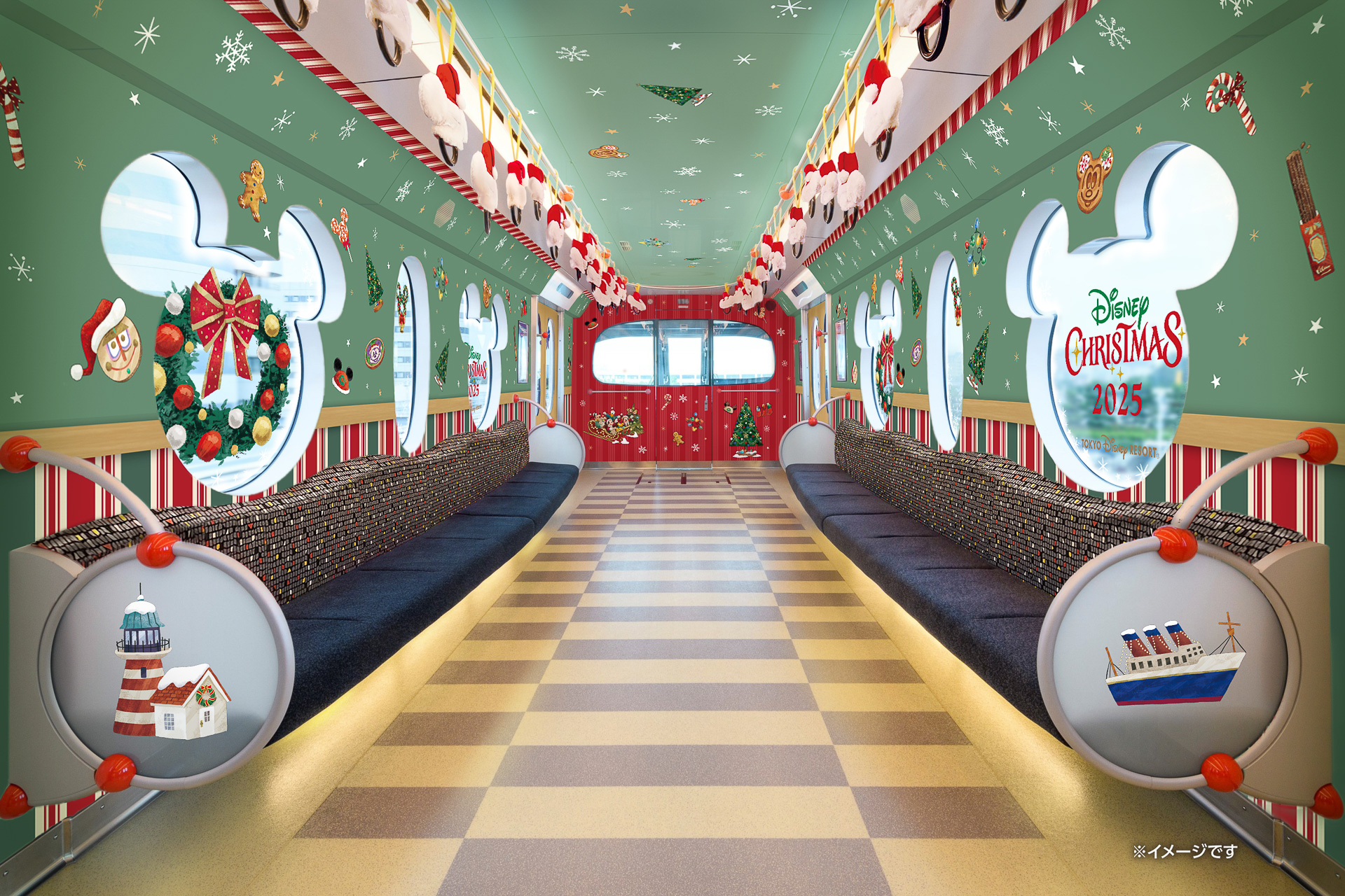 ディズニーリゾートライン「ディズニー・クリスマス・ライナー」車両内デコレーションイメージ