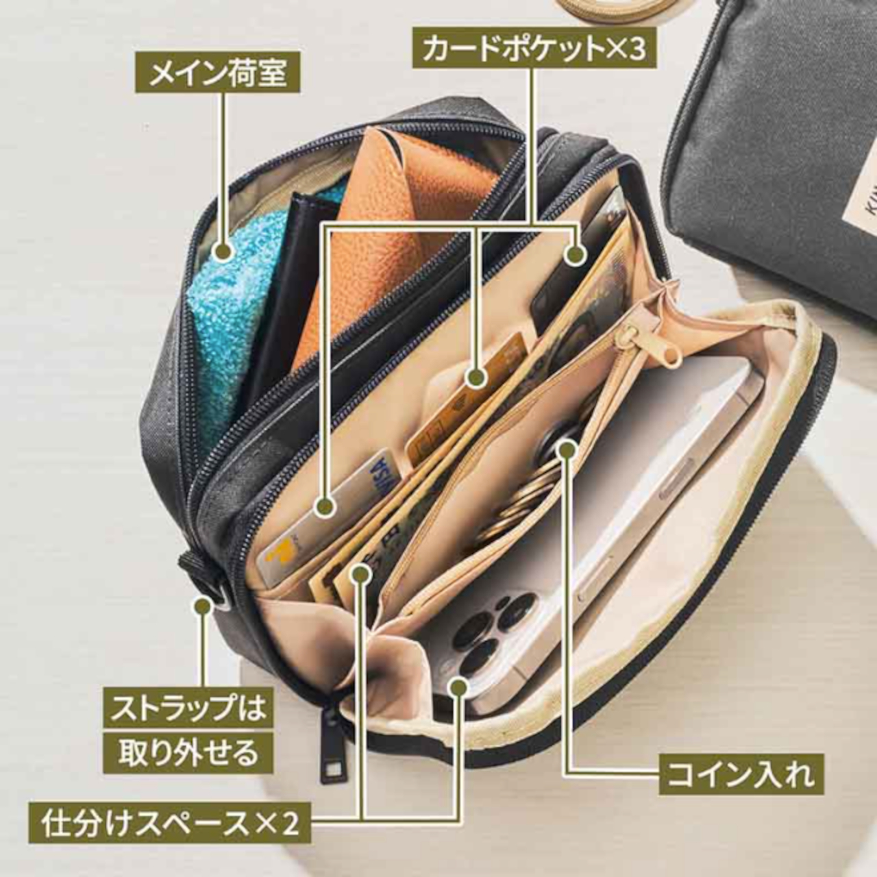 お財布スペースとメイン収納スペースが分かれた2層構造