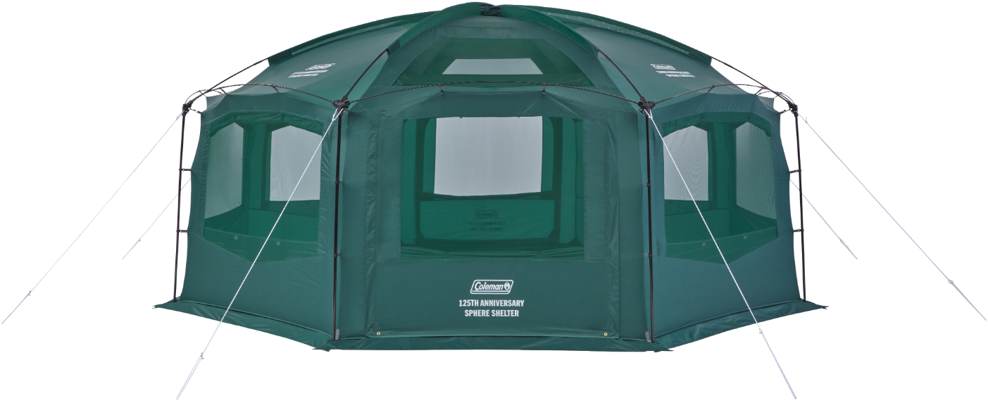大型シェルター「125 リミテッドスフィアシェルターDR」。サイズ約500×500×230cm（幅×奥行き×高さ）、収納時は40×70cm、重量約23kg