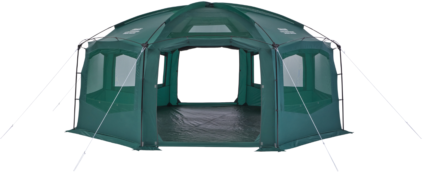 大型シェルター「125 リミテッドスフィアシェルターDR」。サイズ約500×500×230cm（幅×奥行き×高さ）、収納時は40×70cm、重量約23kg