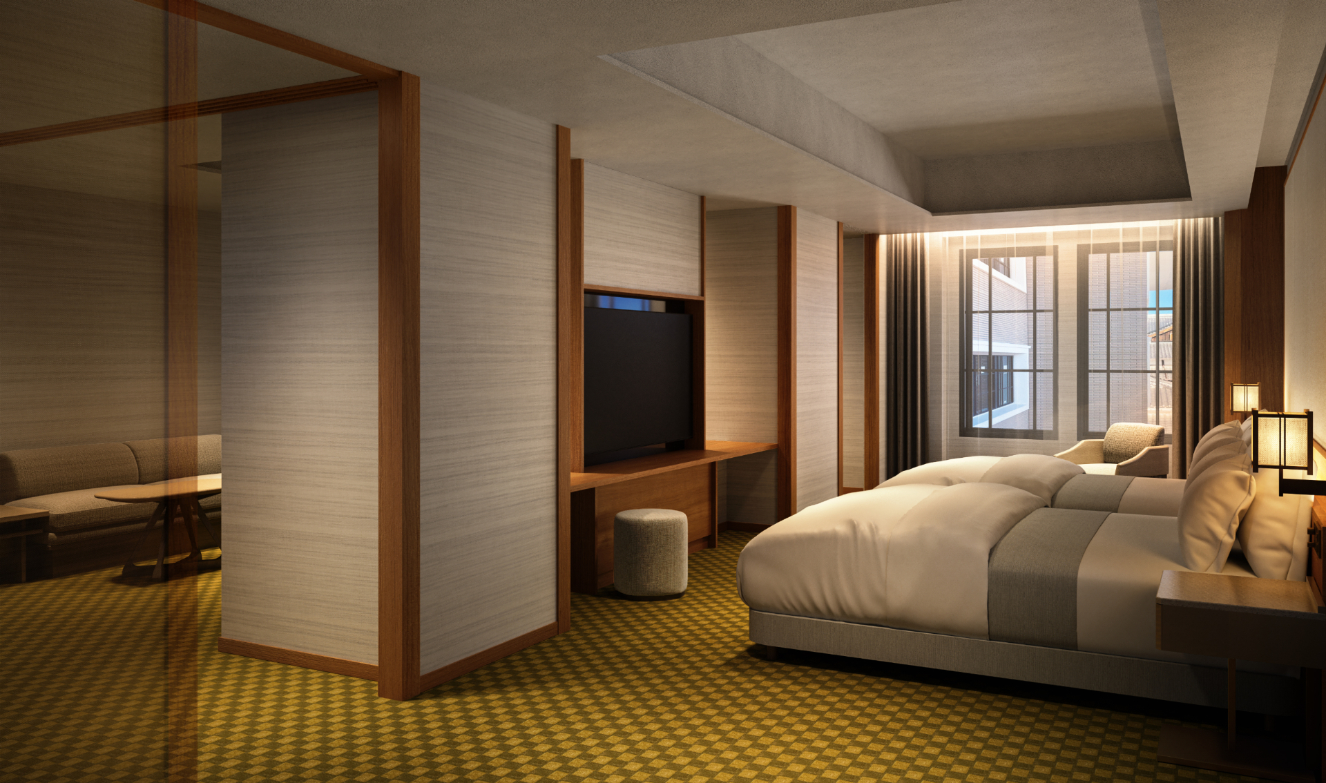 A suite in the Preserved Main Building Area. The design incorporates original architectural features of Yasaka Kaikan, such as window frames and pillars, into a sophisticated and luxurious modern guest room.