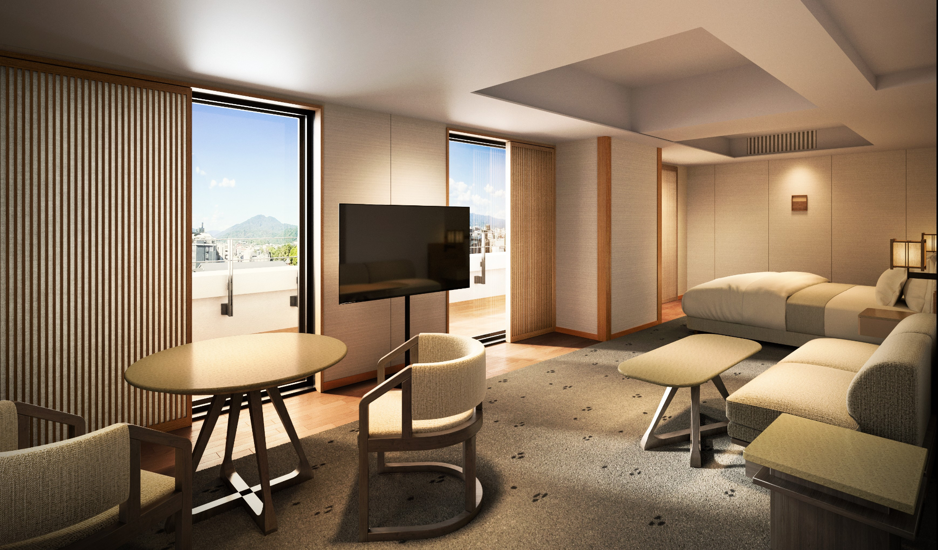 A Junior Suite with a balcony. Rooms in the Main Building offer views of the Kyoto mountains, while those in the Preserved Main Building Area provide an up-close view of the grand roof of the Gion Kobu Kaburenjo Theatre.