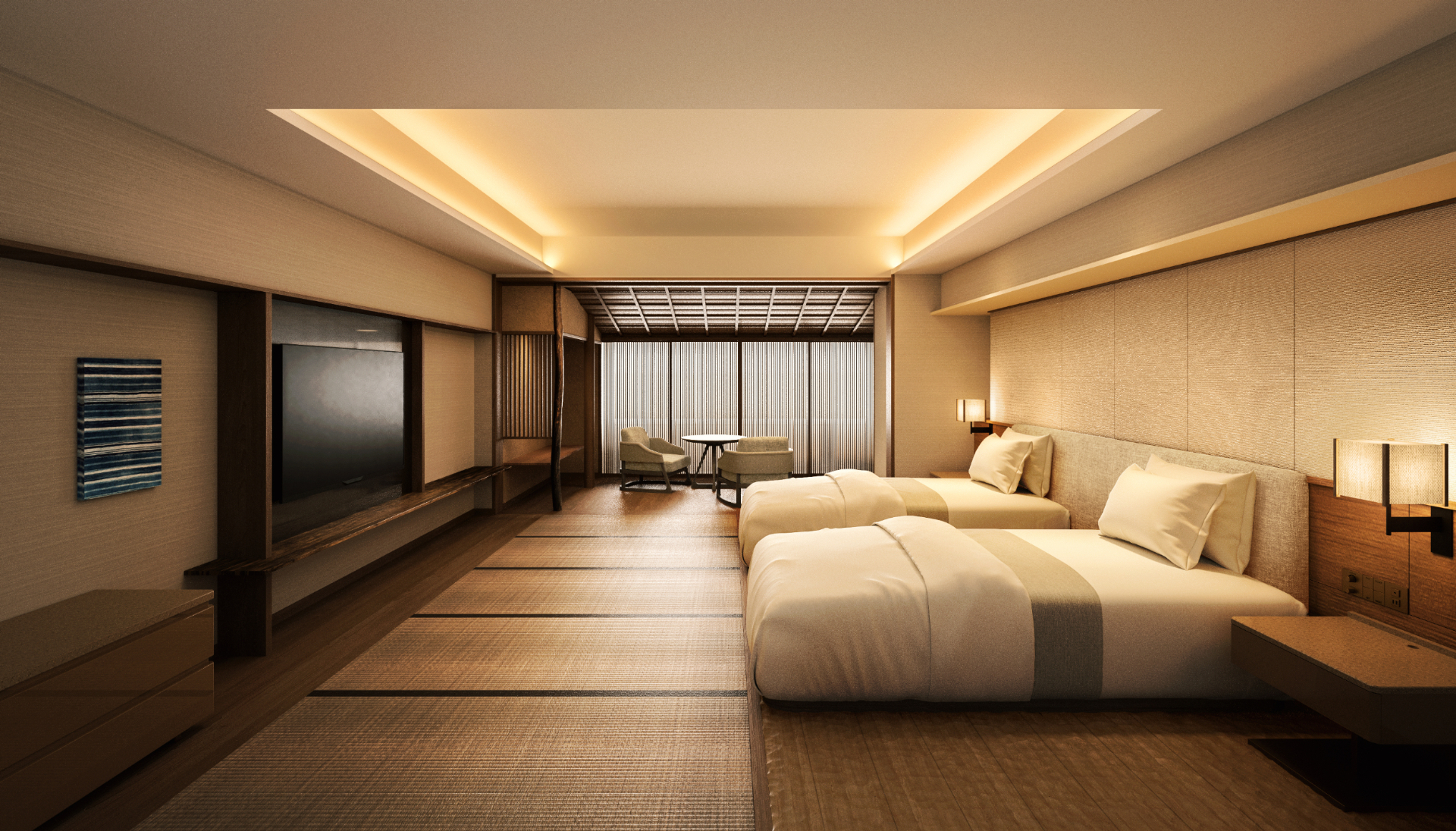 A Grand Premier/Premier room in the North Building, featuring the Imperial Hotel brand's first-ever use of tatami mat flooring.