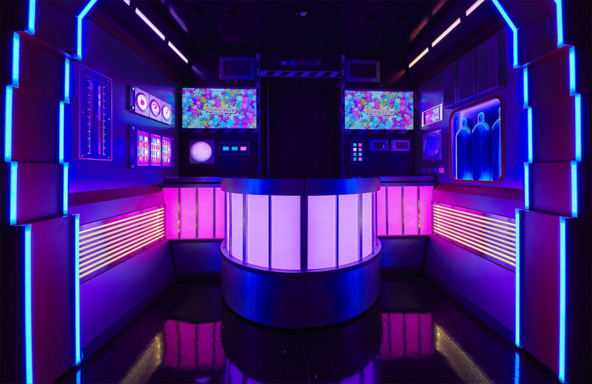 The interior of Car No. 1, "FUTURE BIRD." A decommissioned Thunderbird train has been upcycled into an immersive experience area.