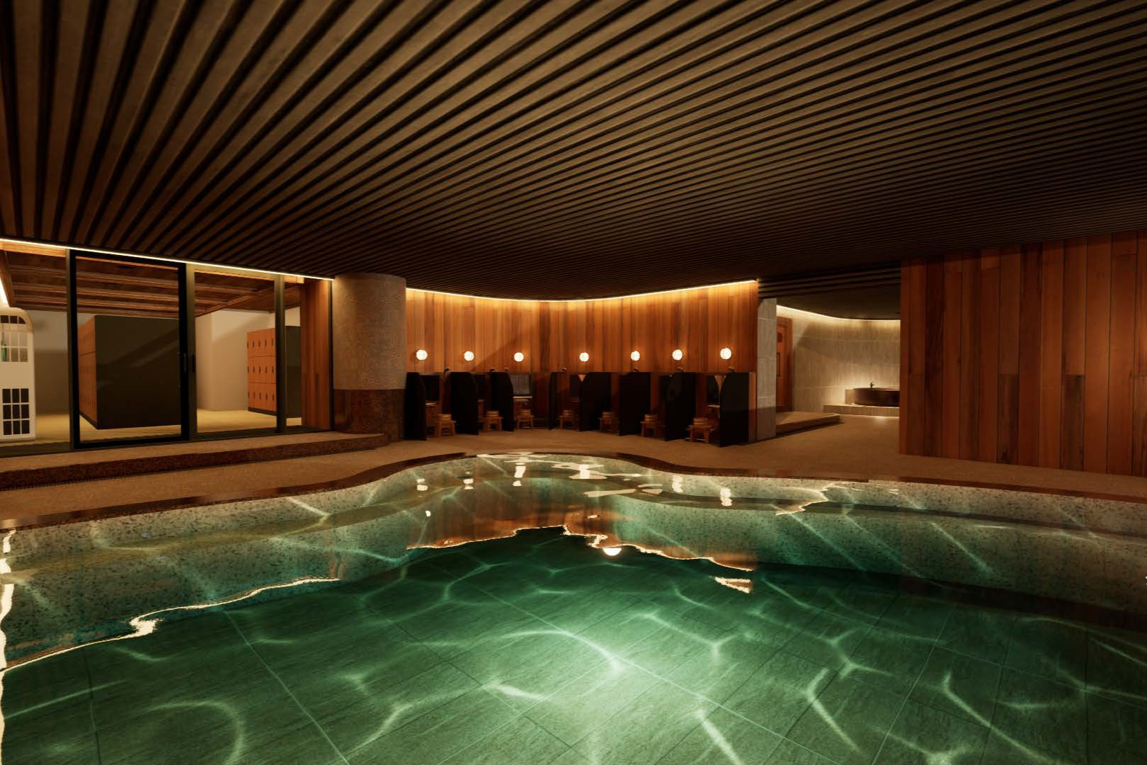 4階に新設した展望風呂。地下1階の2か所にあった既存の大浴場と露天風呂は統合し、男女入れ替えの広々した空間にリニューアル