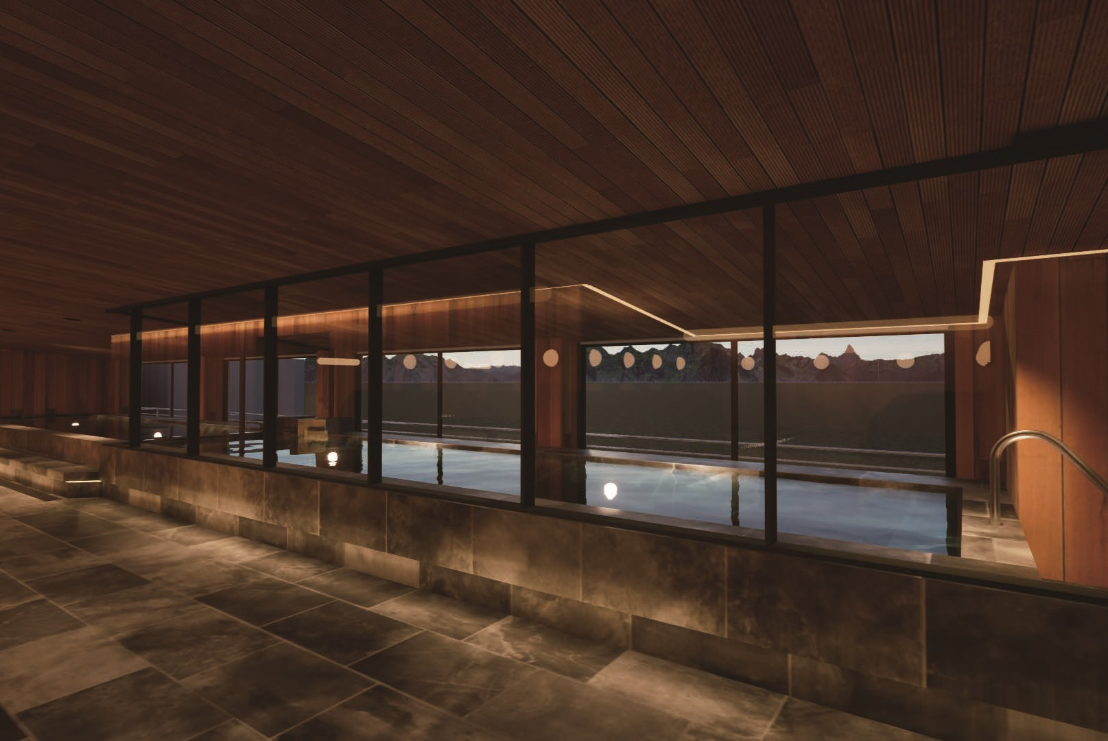 4階に新設した展望風呂。地下1階の2か所にあった既存の大浴場と露天風呂は統合し、男女入れ替えの広々した空間にリニューアル