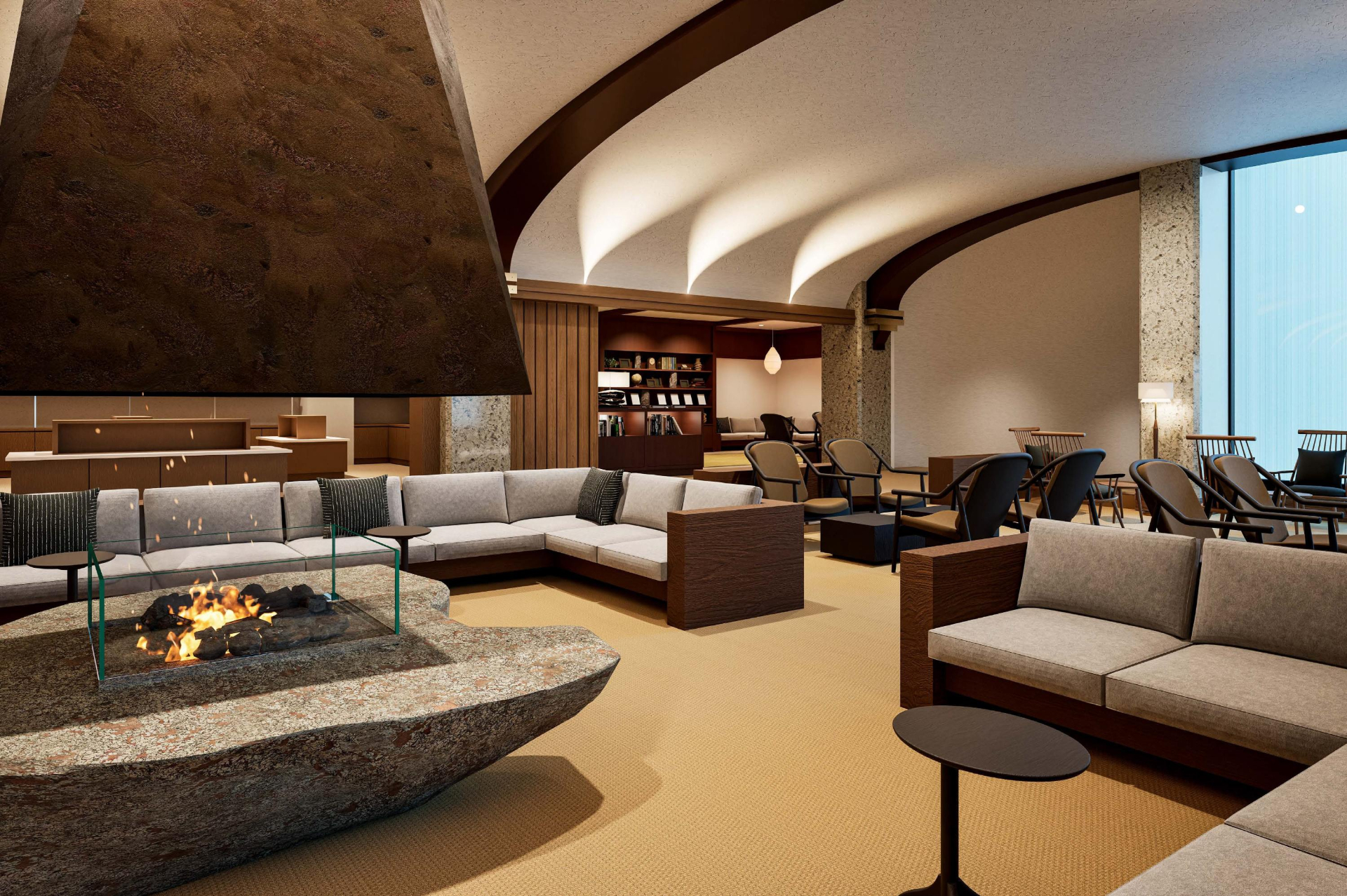 暖炉を配したプレミアムラウンジでは、無料のドリンクをサービス