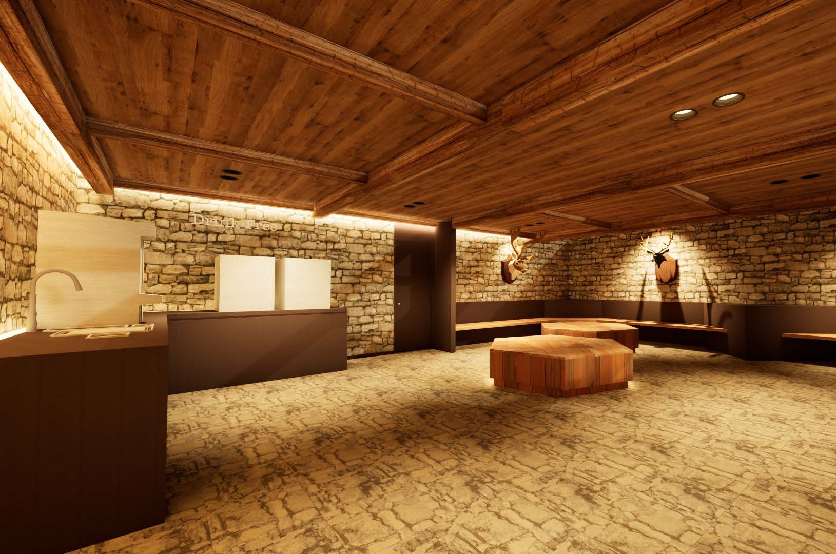 暖炉を配したプレミアムラウンジでは、無料のドリンクをサービス