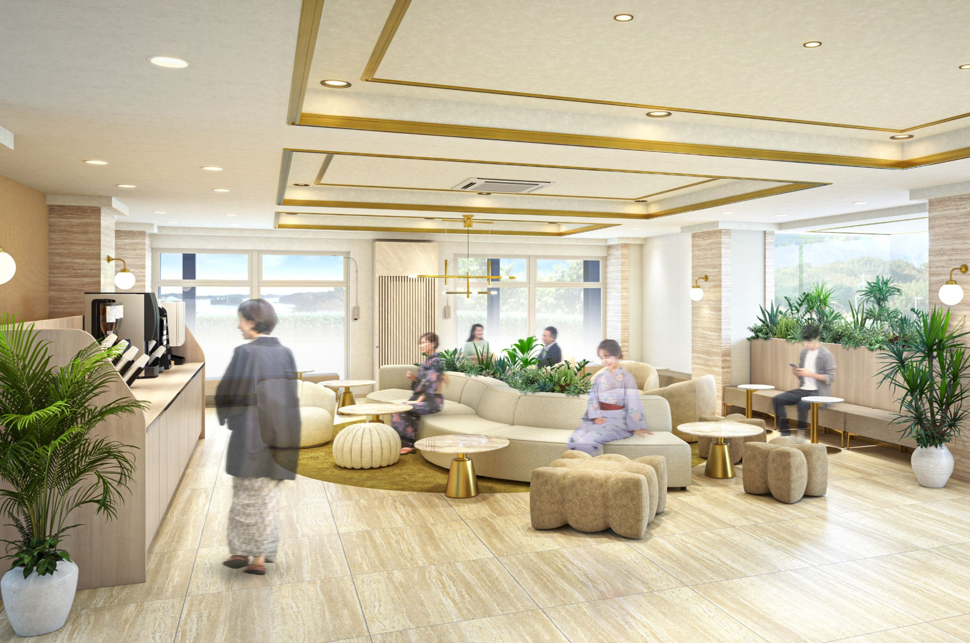 新設したプレミアムラウンジと湯上りラウンジでは無料ドリンクを提供