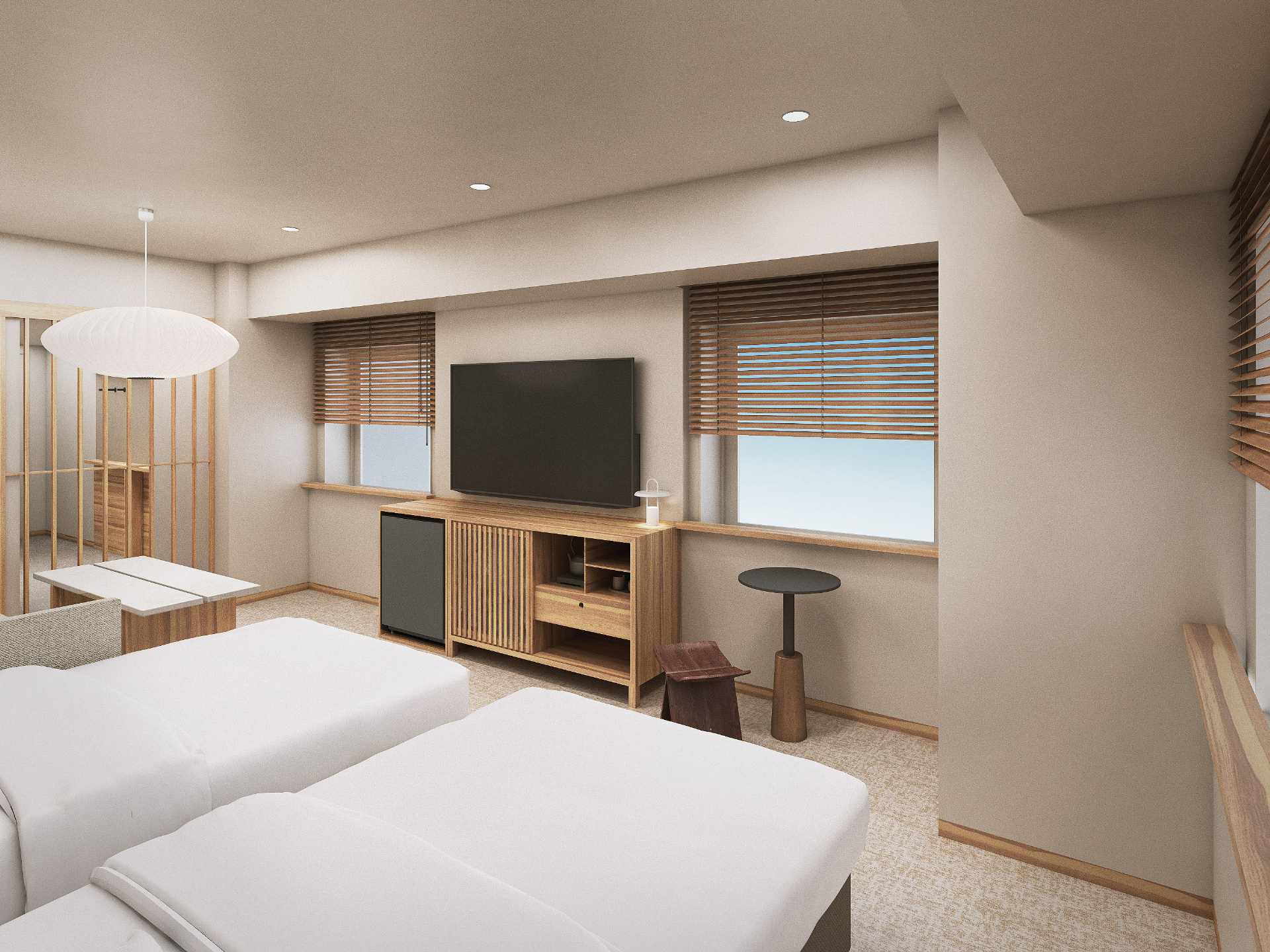 An artist's rendering of a new guest room, showcasing the 'Japandi' concept that blends Japanese aesthetics and Scandinavian functionality.