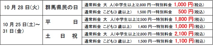 群馬県民対象の割引料金。子供も期間中は400円引き、10月28日は1000円引きに