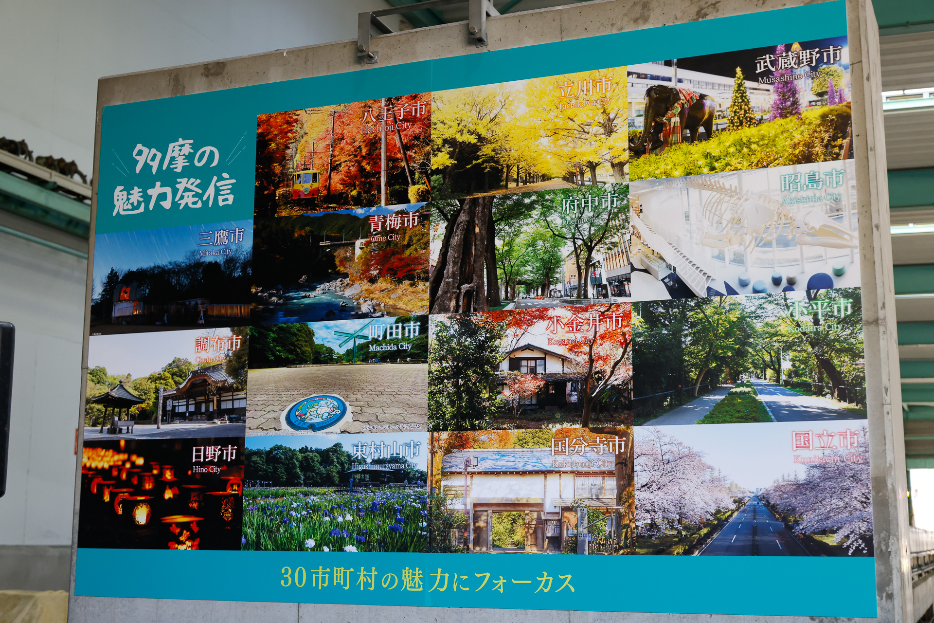 「多摩の魅力発信」の対象となる自治体は、全部で30市町村。その顔ぶれを示したボードも用意した