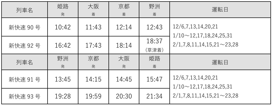 「Aシート」を臨時に設定する定期列車の時刻・設定日