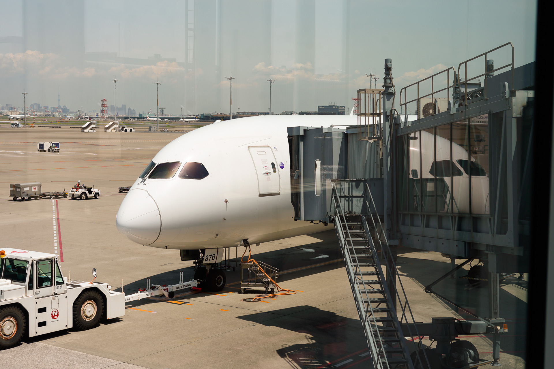 飛行機でも同様に、登録記号が分かるような写真を確保しておくのが通例。首脚収納室扉に「876」と書かれているから、これはJALのボーイング 787-9（登録記号：JA876J）だと分かる