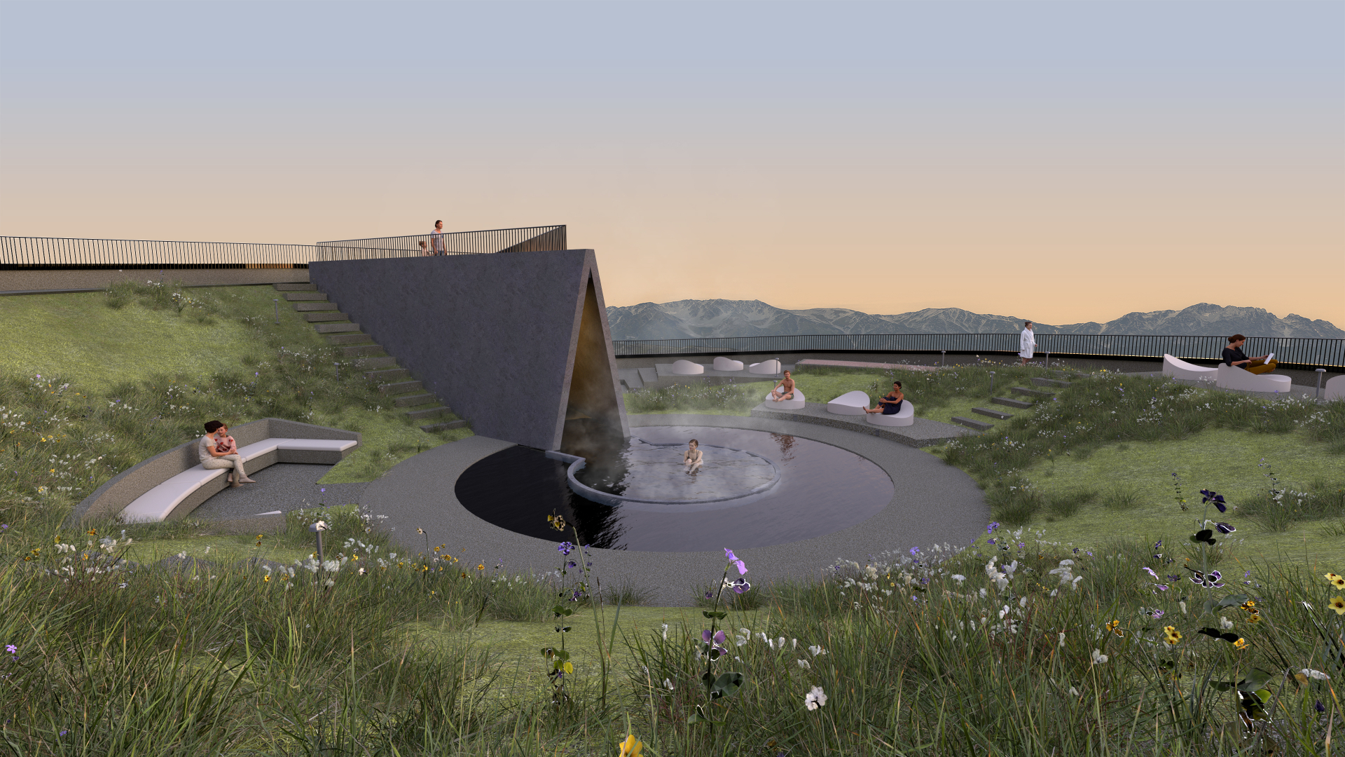 「御釜」をテーマにした開放的なルーフトップテラス。“天空の温泉郷”とも称される蔵王の絶景と湯浴みが楽しめる