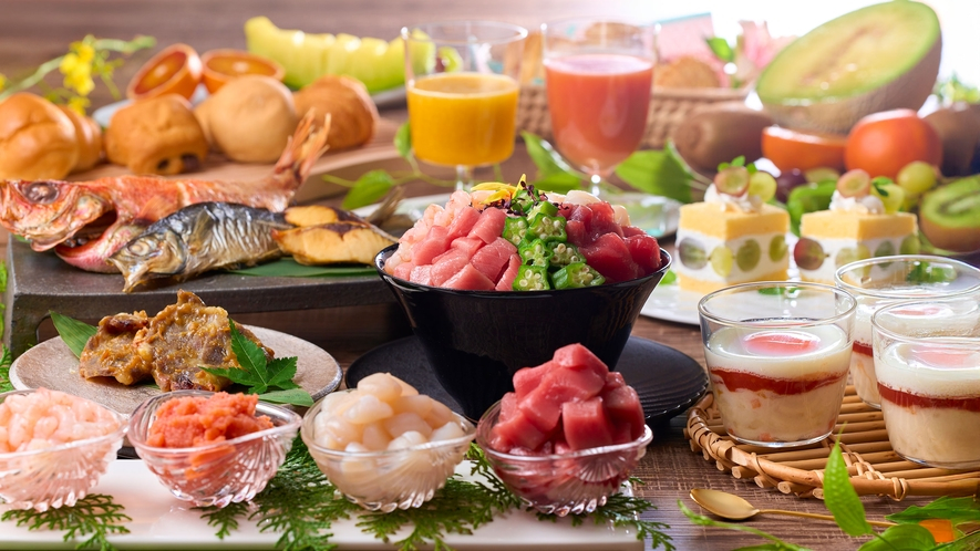朝食でもカニや海鮮づくしのバイキングを提供
