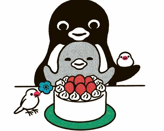 ペンギン喫茶の最新作版画「ペンギンと文鳥とホールケーキ」（45×45cm、8万8000円）