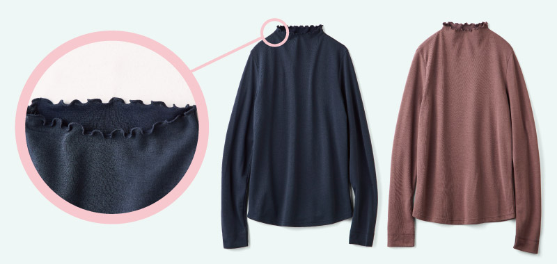 トップスはしっかりと首もとを覆うボトルネック。衿先をメロウ仕上げにすることで、ファッション性と機能性を両立