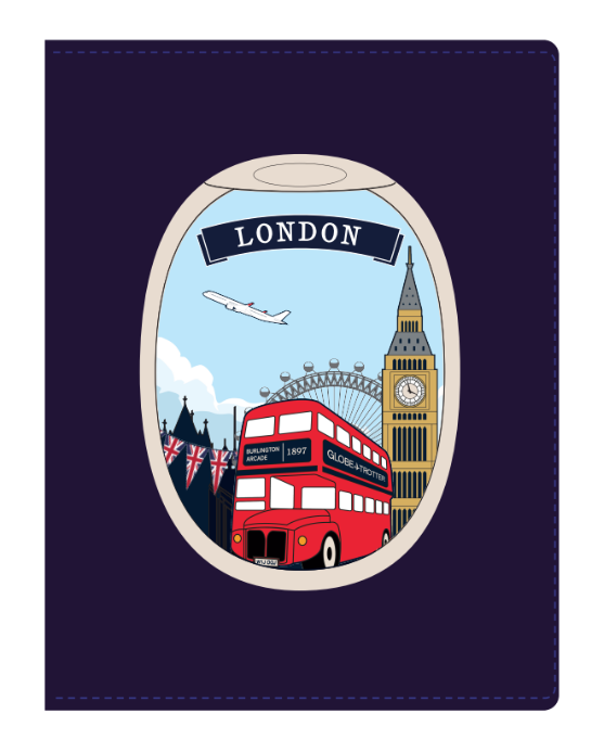 パスポートスリーブ ネイビー。機窓から見えるロンドンの風景をイメージしたデザイン