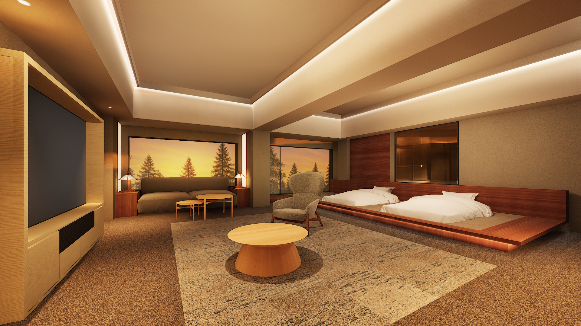 サウナと目の前に庭園が広がる深さ80mの水風呂を配した広さ129m<span class="em sup">2</span>の「エグゼクティブ サウナスイート -暁-」