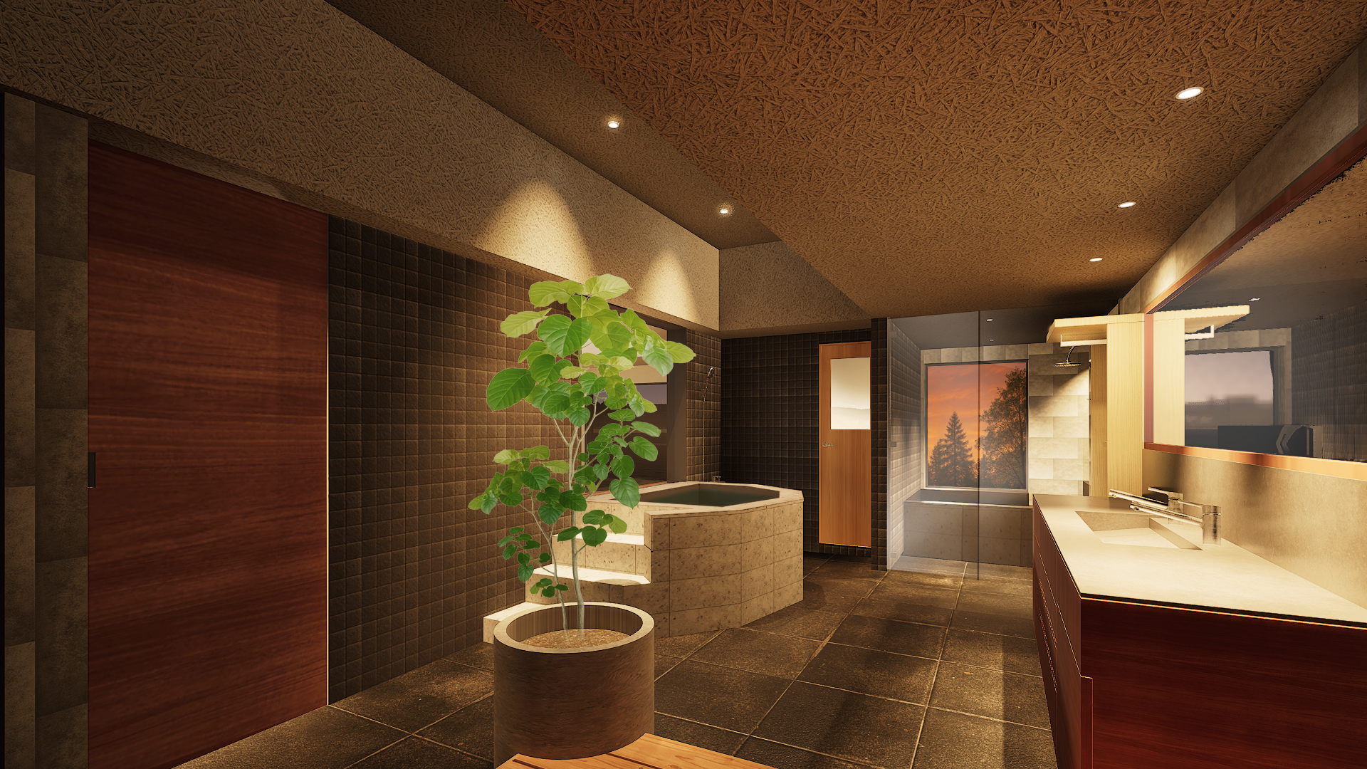 サウナと目の前に庭園が広がる深さ80mの水風呂を配した広さ129m<span class="em sup">2</span>の「エグゼクティブ サウナスイート -暁-」