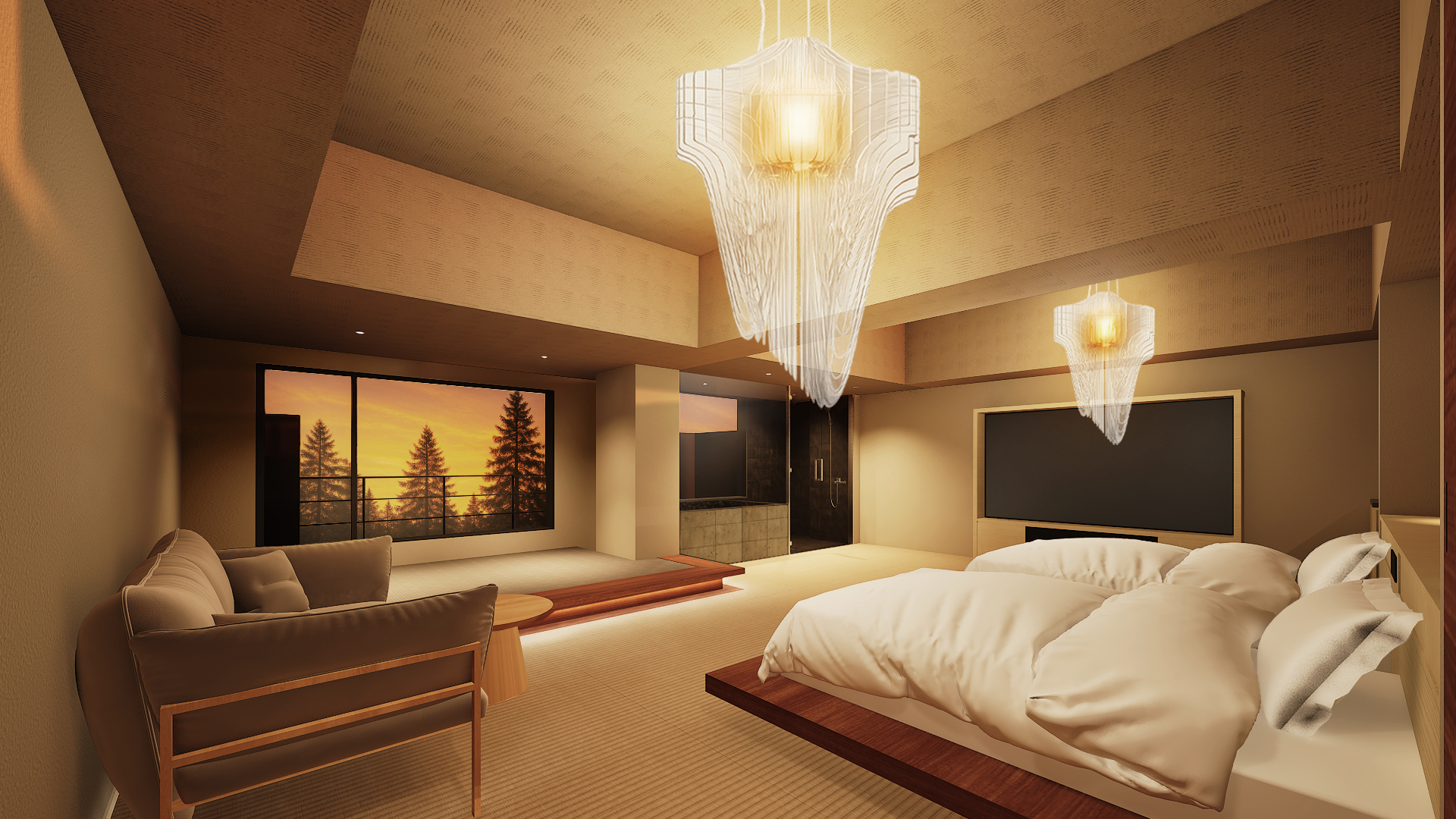 世界的な建築家ザハ・ハディドが手掛けた近未来型照明AVIA Pendant Lightを客室に配した「プラチナテラススイート -澄・凜-」