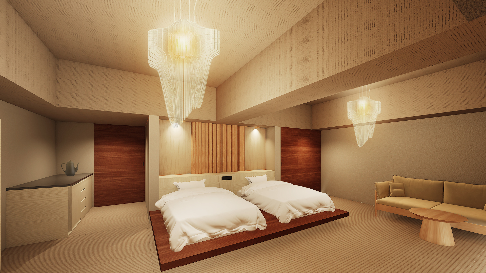 世界的な建築家ザハ・ハディドが手掛けた近未来型照明AVIA Pendant Lightを客室に配した「プラチナテラススイート -澄・凜-」