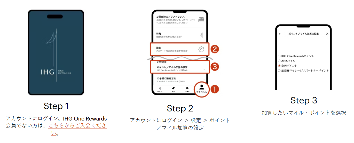 IHG公式サイトから直接予約する場合は、加算したいポイント・マイルを事前に選択できる（IHGワンリワーズポイント、楽天ポイント、ANAマイルほか）
