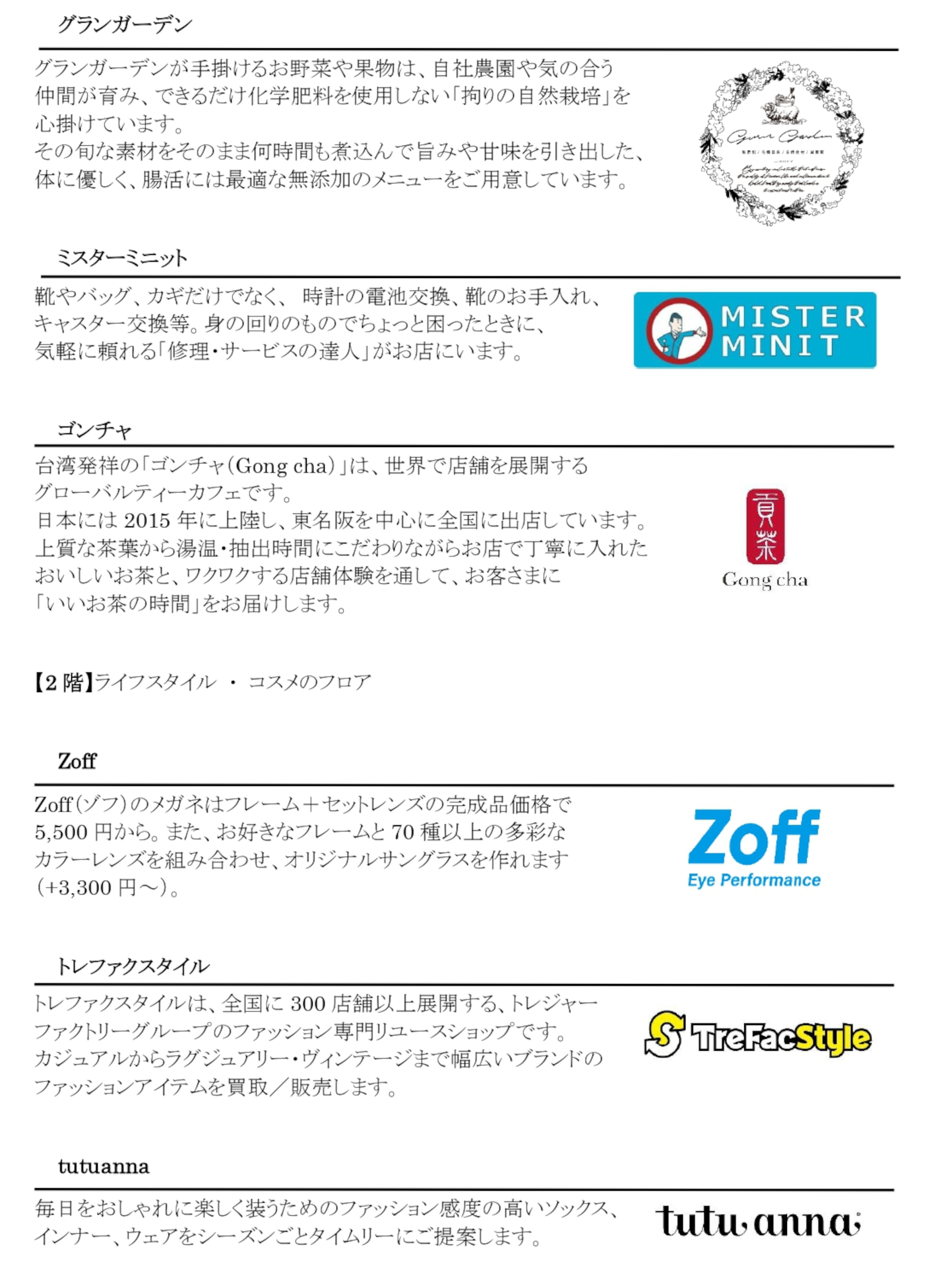 新たに発表したテナント一覧（※画像クリックで拡大表示）
