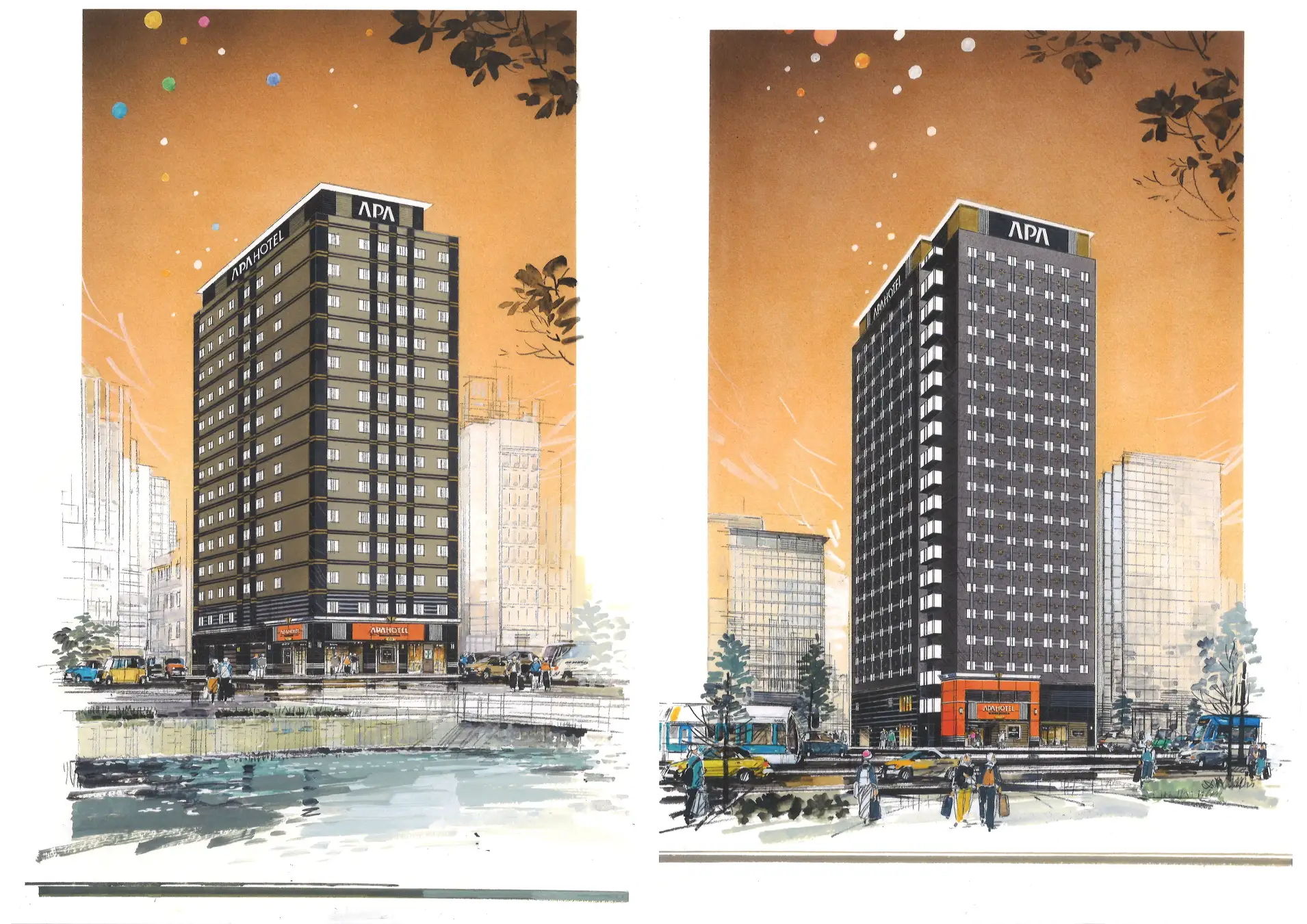 アパホテル〈広島駅前〉（左）、同〈広島駅前通〉（右）の外観