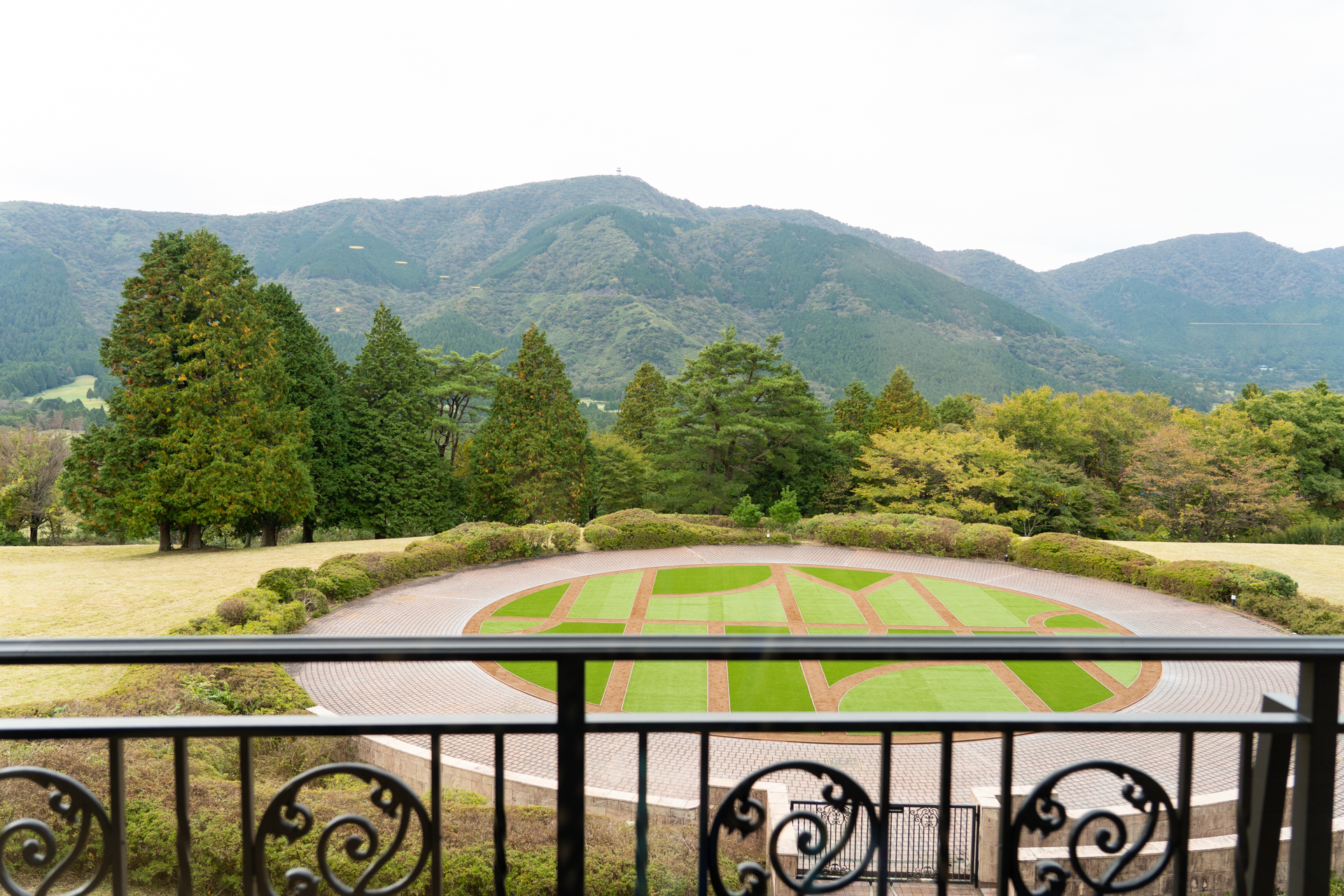 窓から見える中庭のデザインも寄木細工がモチーフ。人が立ち入らないエリアなので心落ち着く