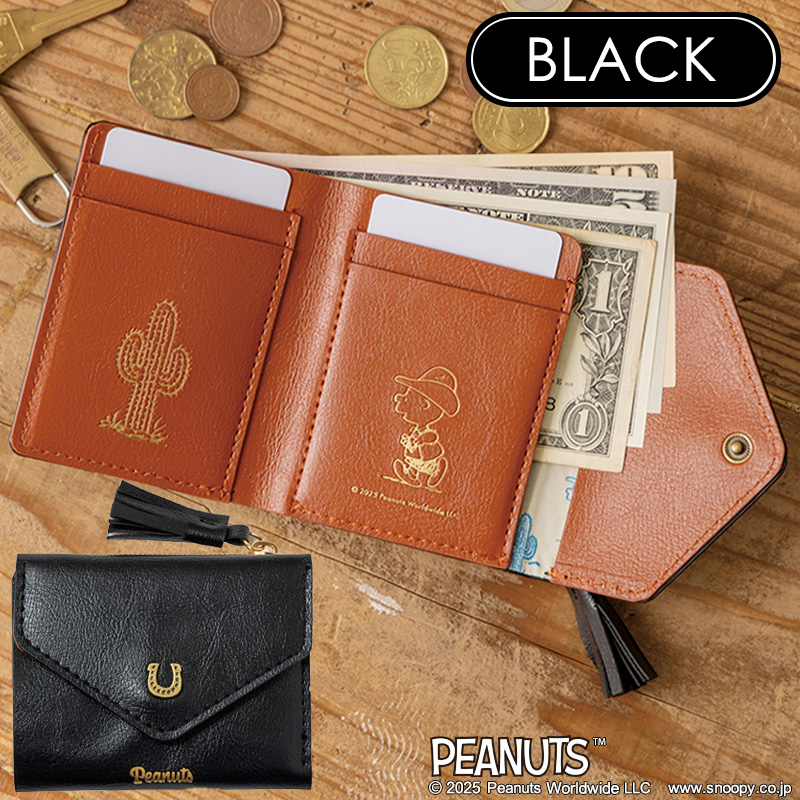 「SNOOPY YEAR OF THE HORSE MINI WALLET BOOK BLACK」。表はブラック、内側はブラウンのバイカラー