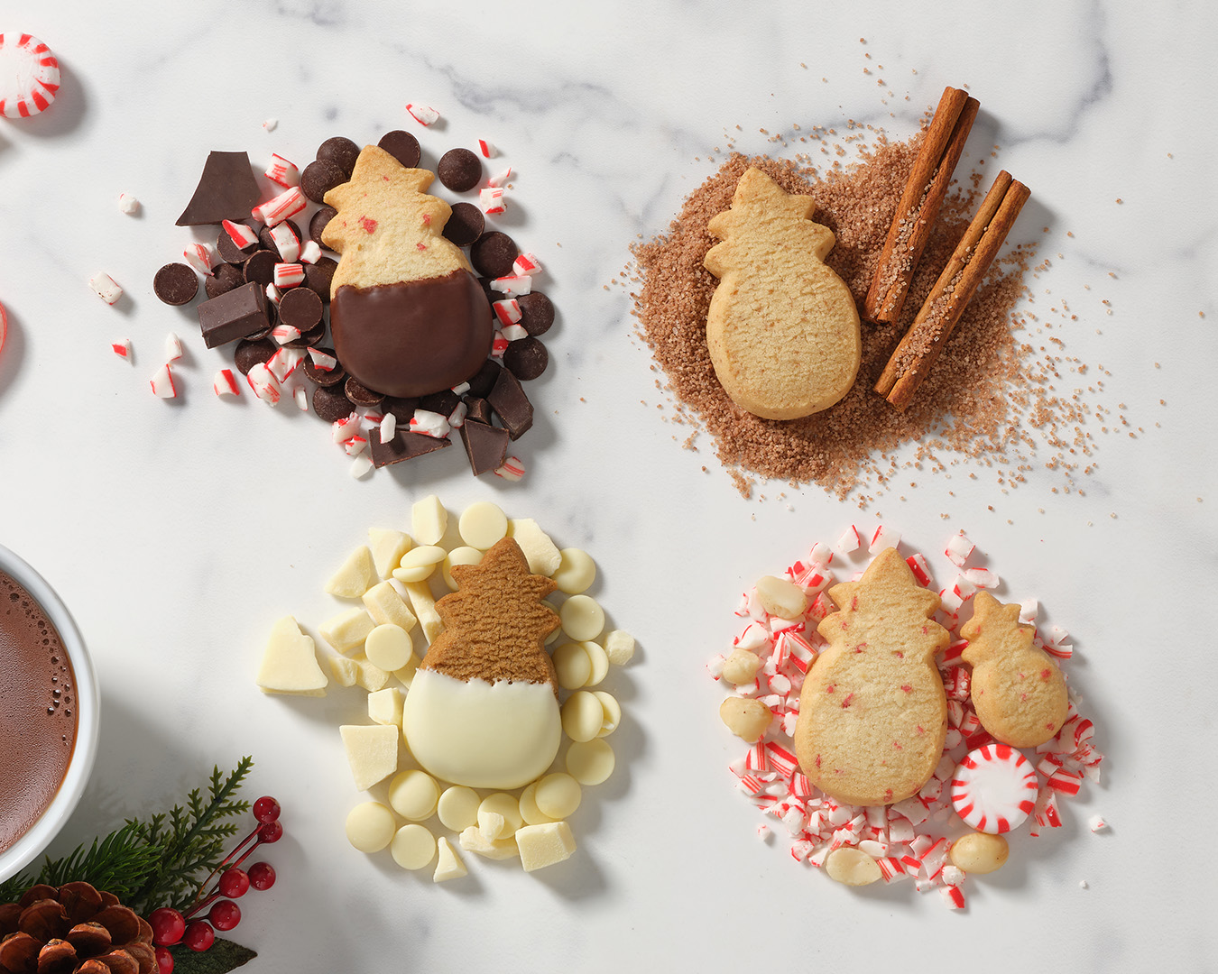 ホリデーシーズン限定フレーバー。左上から時計回りに、ダーク・チョコレート・ペパーミント・マカデミア、シナモン・シュガー、ペパーミント・マカデミア、ホワイト・チョコレート・ジンジャー・スパイス