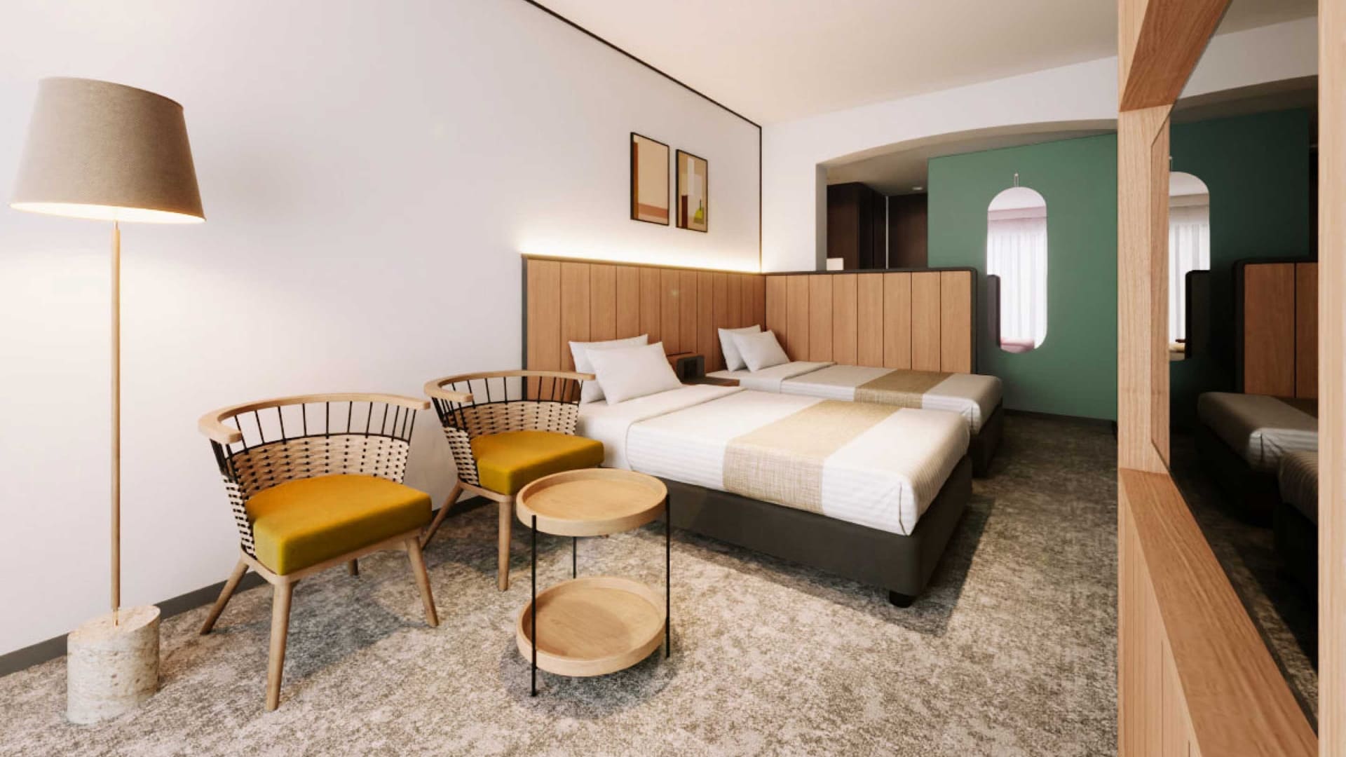 客室一例（スタンダードツイン）。全室フォレストビューで非日常を味わえるという