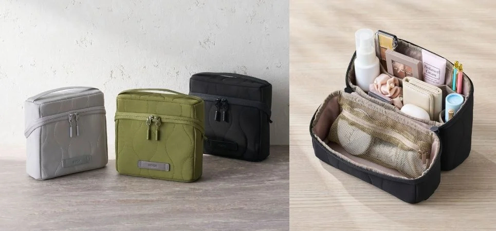 ペンやコスメを立ててしまえるポーチを3色展開