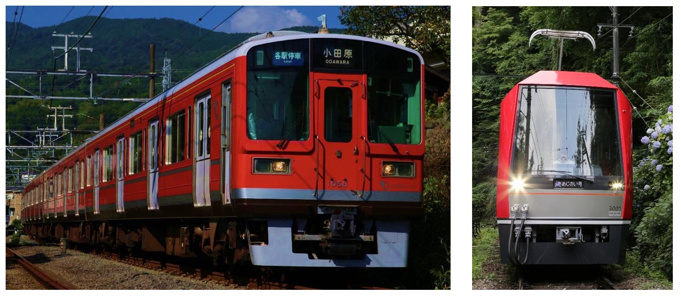 小田急電鉄1000形（左）と小田急箱根3000形（右）。1000形のカラーリングは2022年までのもの