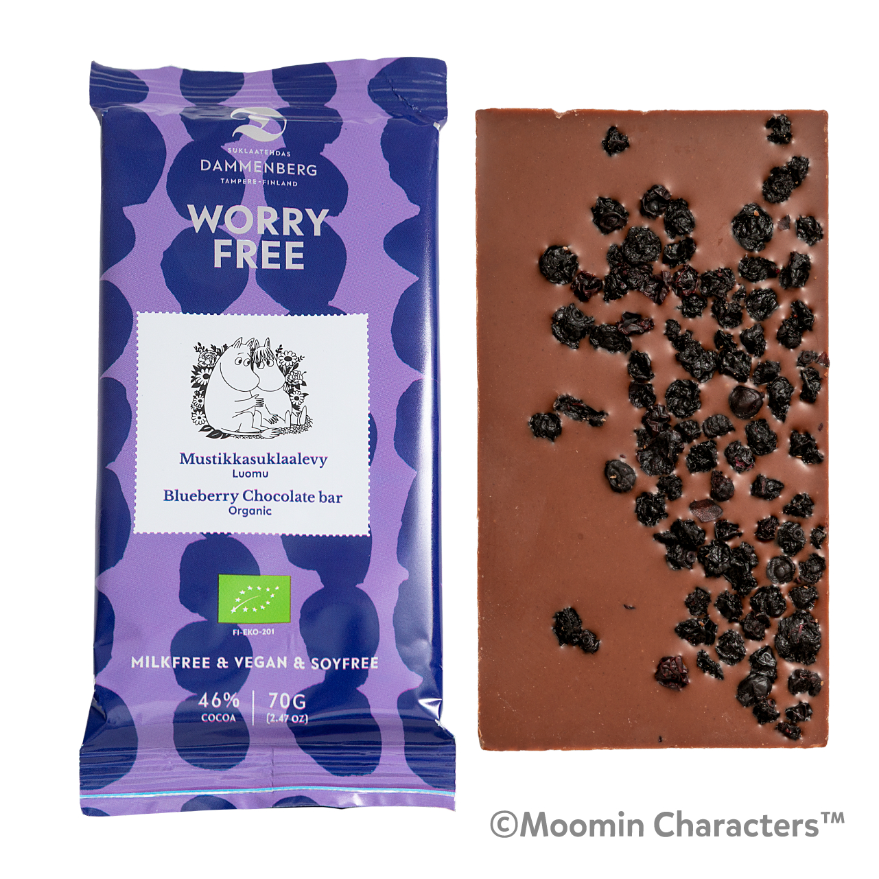 ムーミン 有機ブルーベリーチョコレート カカオ46％（70g1280円）