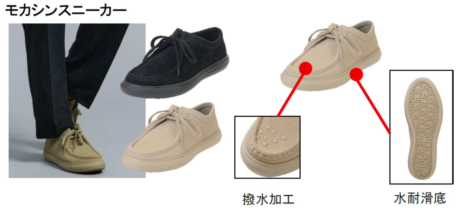 撥水・水耐滑底の「モカシンスニーカー」（25.5～28.0cm ※27.5cm除く、2色展開、各3300円）