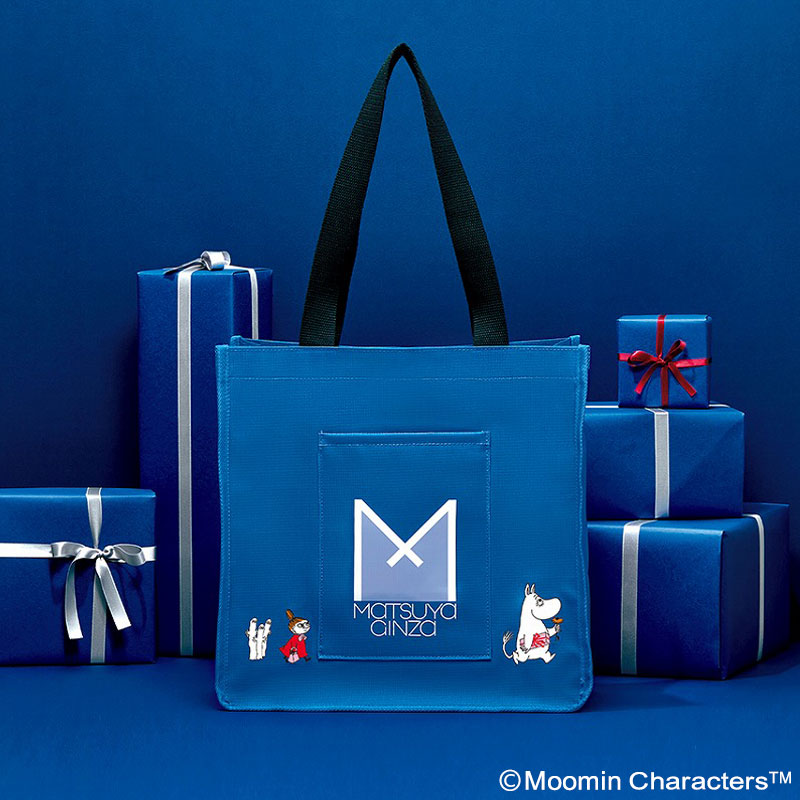 松屋銀座の紙袋デザインを鮮やかなブルーの生地で再現したショッピングトートバッグ