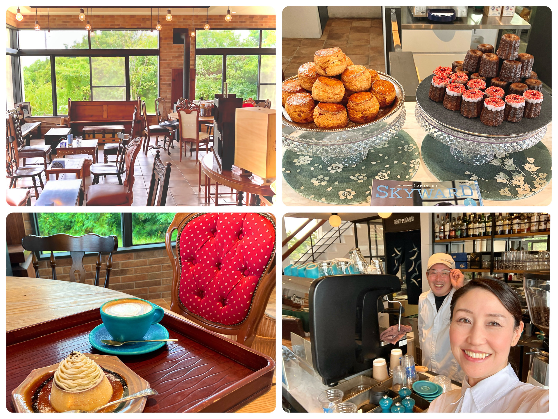 店内限定「月へ鳴門へ」のプリンバージョン（左下）、JALの機内誌でも紹介された焼き菓子（右上）、館長 杉山さんとともに（右下）