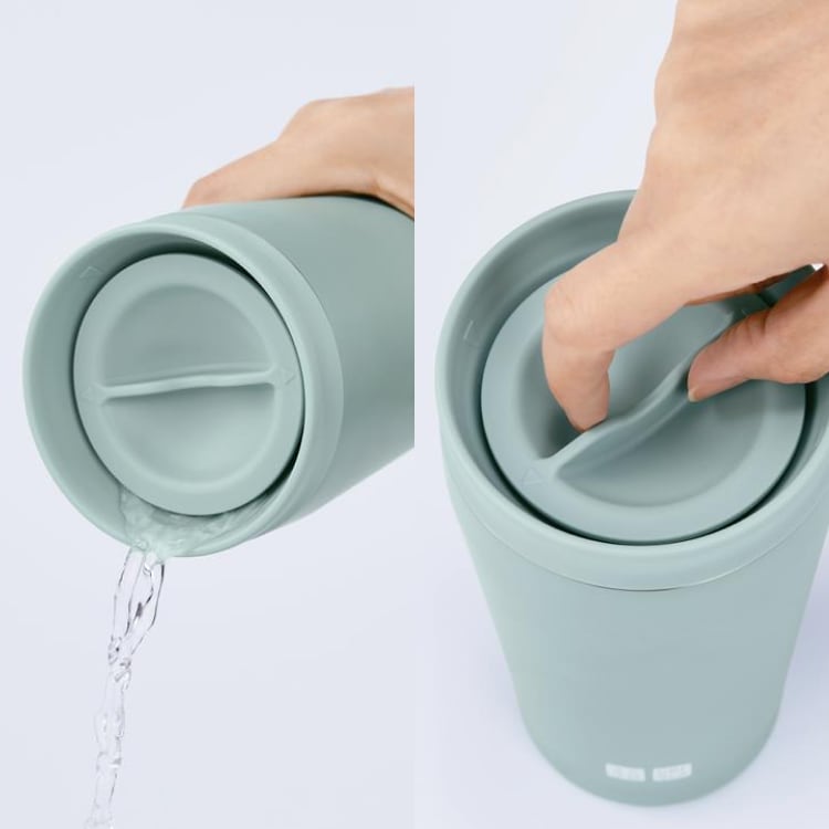 ボトル一体型のフタを回して飲み口を開閉する構造。フタをしたまま360度どこからでも飲める