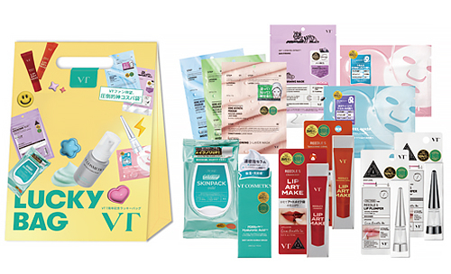 「VT 7周年ラッキーバッグ」（2981円）。人気スキンケアブランド「VT」のお得なセット。フェイスパックやリップケアアイテムなどを詰め合わせ