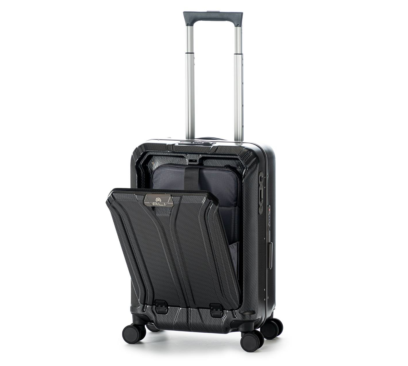 「A.L.I フロントオープンキャリー」（1万4800円）。フロント部分が開くのでとっさに荷物を取り出したいときにラク。抗菌仕様のトップハンドル採用で、機内持ち込み対応サイズ